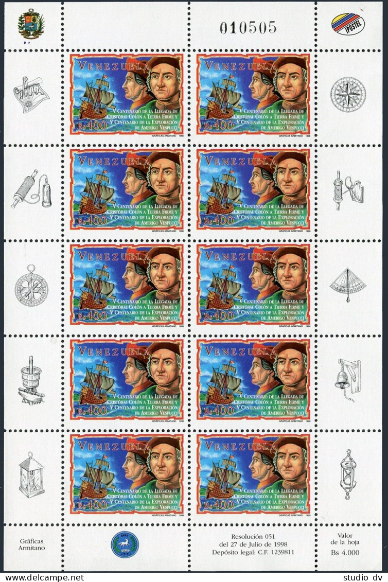 Venezuela 1595 Sheet,MNH.Mi 3269. Christopher Columbus & Amerigo Vespucci,1998. - Venezuela