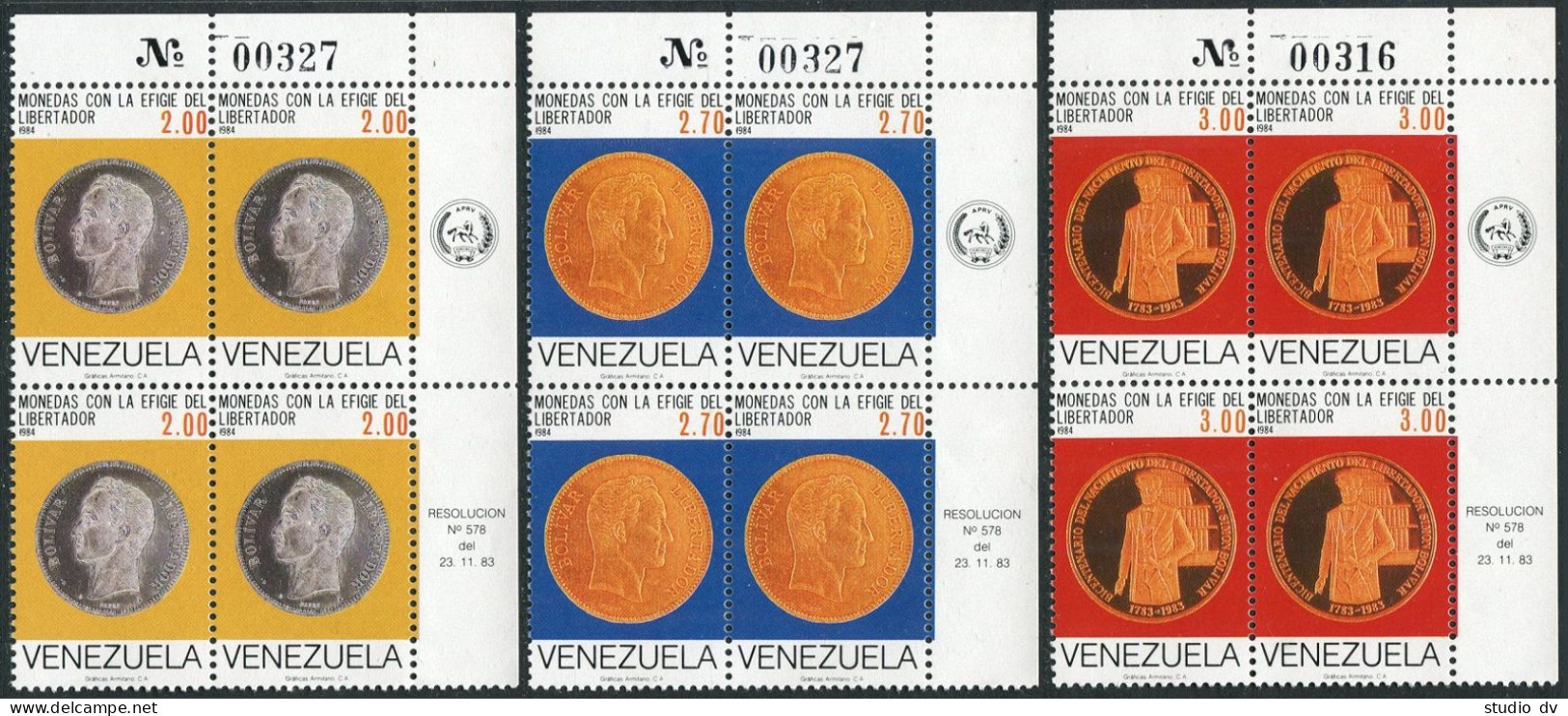 Venezuela 1346-1348 Blocks/4,MNH.Mi 2322-2324. Simon Bolivar Memorial Coins,1985 - Venezuela