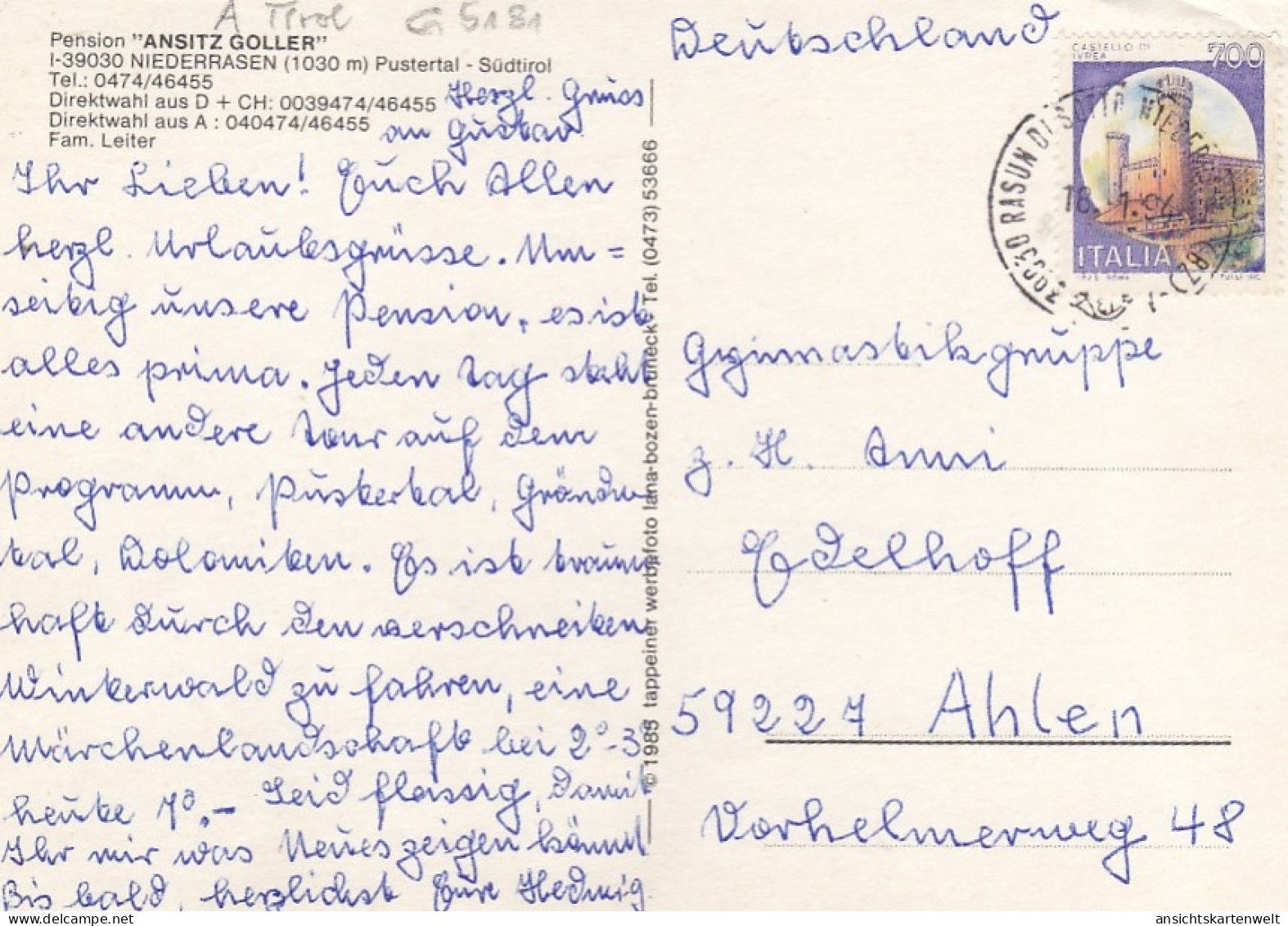 Niederrasen, Pustertal, Südirol, Pension "Ansitz Goller" Gl1994 #G5181 - Sonstige & Ohne Zuordnung