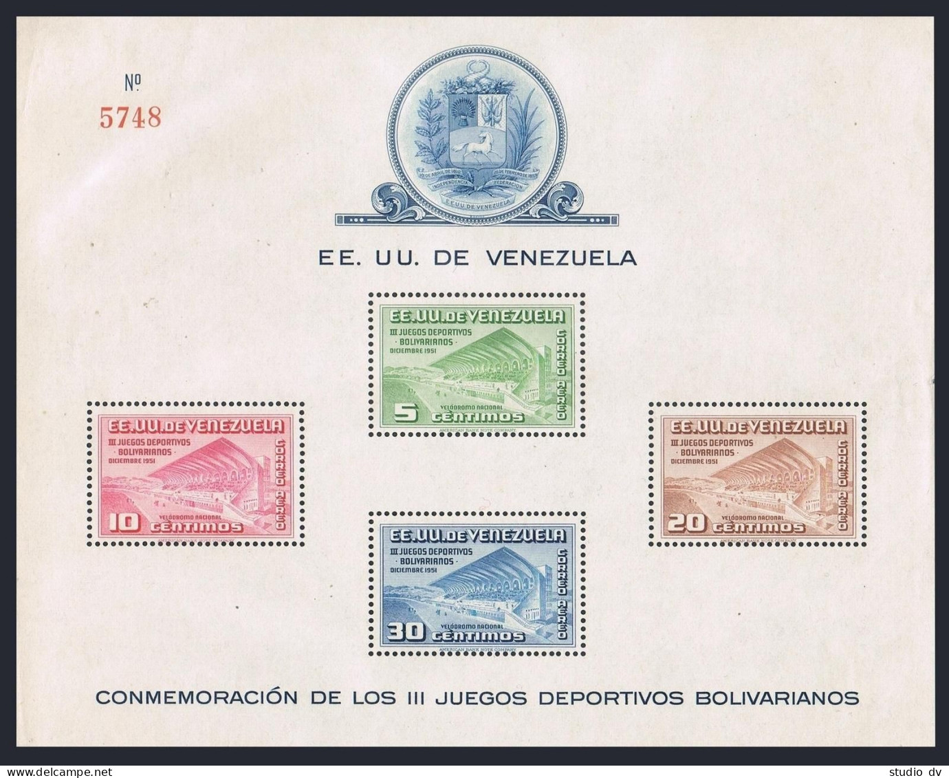Venezuela C337a,lightly Hinged,Mi Bl.3. Bolivian Games, 1951.Bicycle Racecourse. - Venezuela