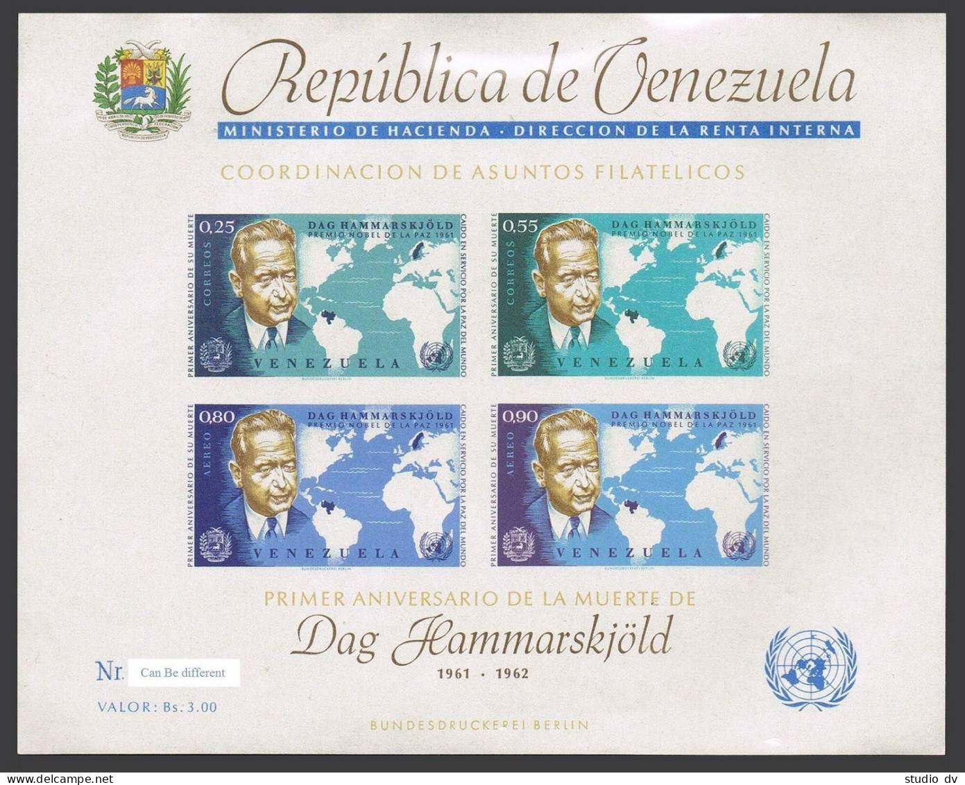 Venezuela C837a Sheet,MNH.Michel 1512-1515 Klb. Dag Hammarskjold,UN.Map.1963. - Venezuela