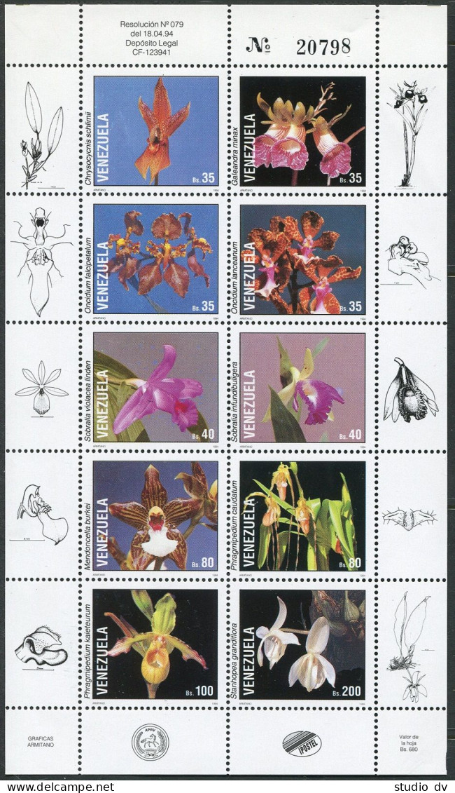 Venezuela 1508 Aj Sheet, MNH. Michel 2824-2833 Bl.47. Orchids 1994. - Venezuela