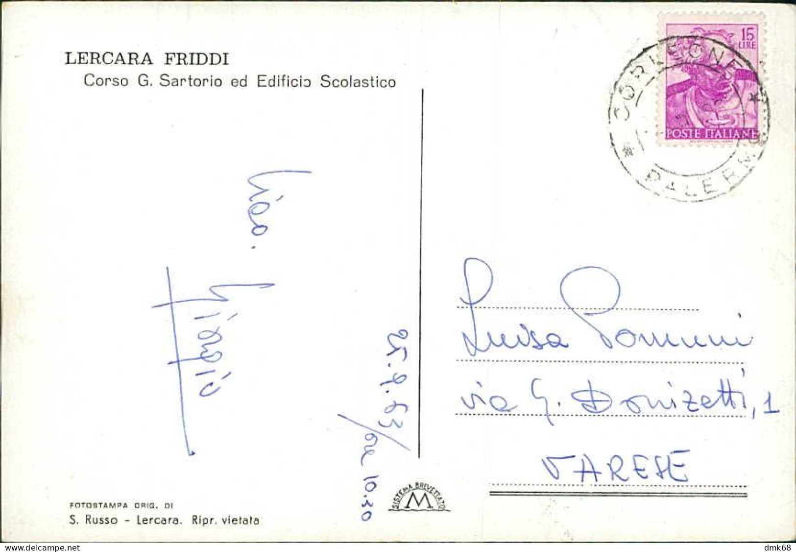 LERCARA FRIDDI ( PALERMO ) CORSO G. SARTORIO ED EDIFICIO SCOLASTICO - SPEDITA 1963 (20570) - Palermo