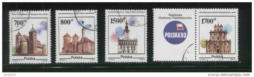 POLAND 1990 HISTORICAL POLISH TOWN ARCHITECTURE SET OF 4 USED CHURCH CASTLE TOWN HALL POLSKA 93 EXPO - Sonstige & Ohne Zuordnung