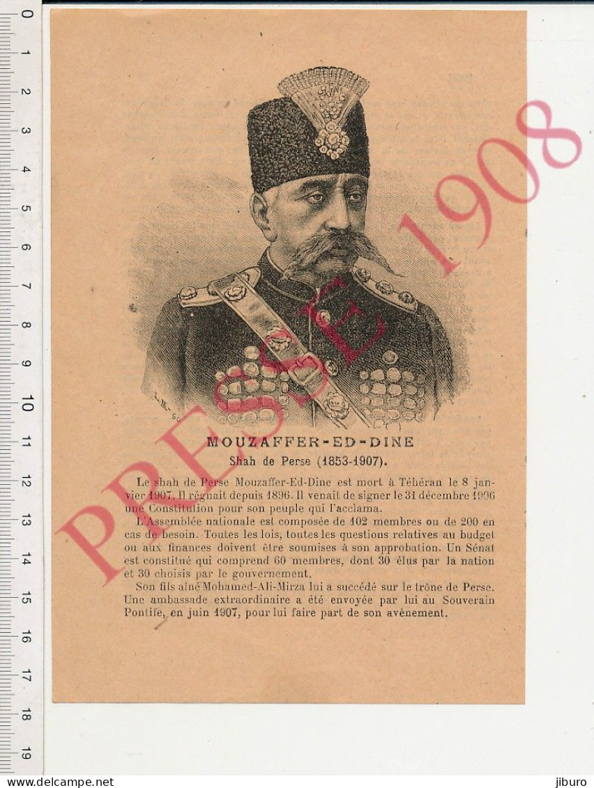 Doc 1908 Gravure Portrait Mouzaffer-Ed-Dine Shah De Perse Mort à Téhéran Le 8 Janvier 1907 Nécrologie Histoire - Ohne Zuordnung