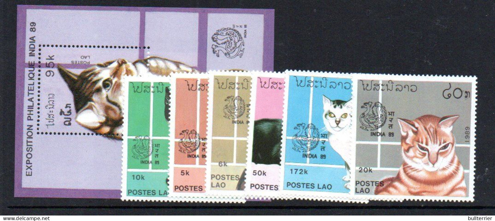 LAOS -  1989 - INDIA EXPOSITION / DOMESTIC CATS SET OF 6 +SOUVENIR SHEET MINT NEVER HINGED, - Laos