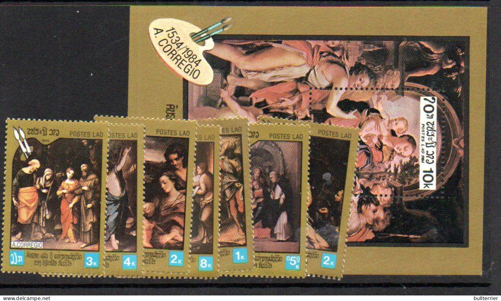 LAOS -  1984 - CORREGGIO SET OF 7  +SOUVENIR SHEET MINT NEVER HINGED, - Laos