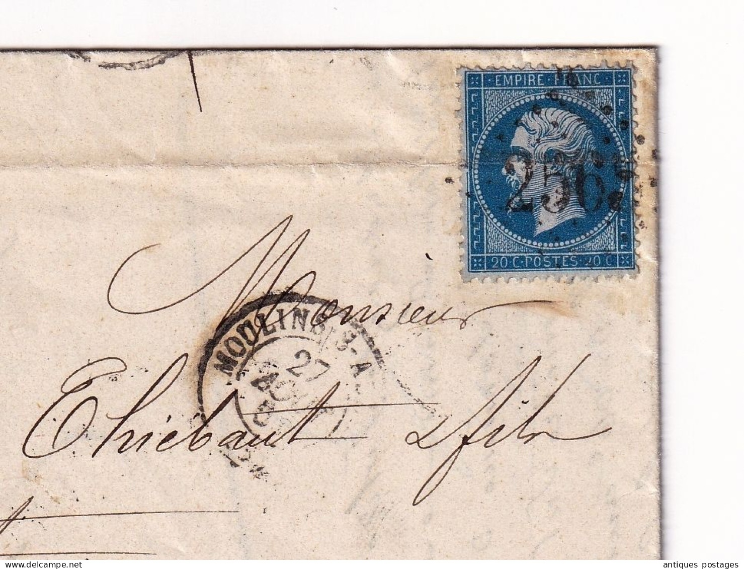 Lettre 1864 Moulins Allier Pic & Clairefond Gérardmer Vosges Timbre Napoléon III Lauré 20 Centimes - 1862 Napoleone III