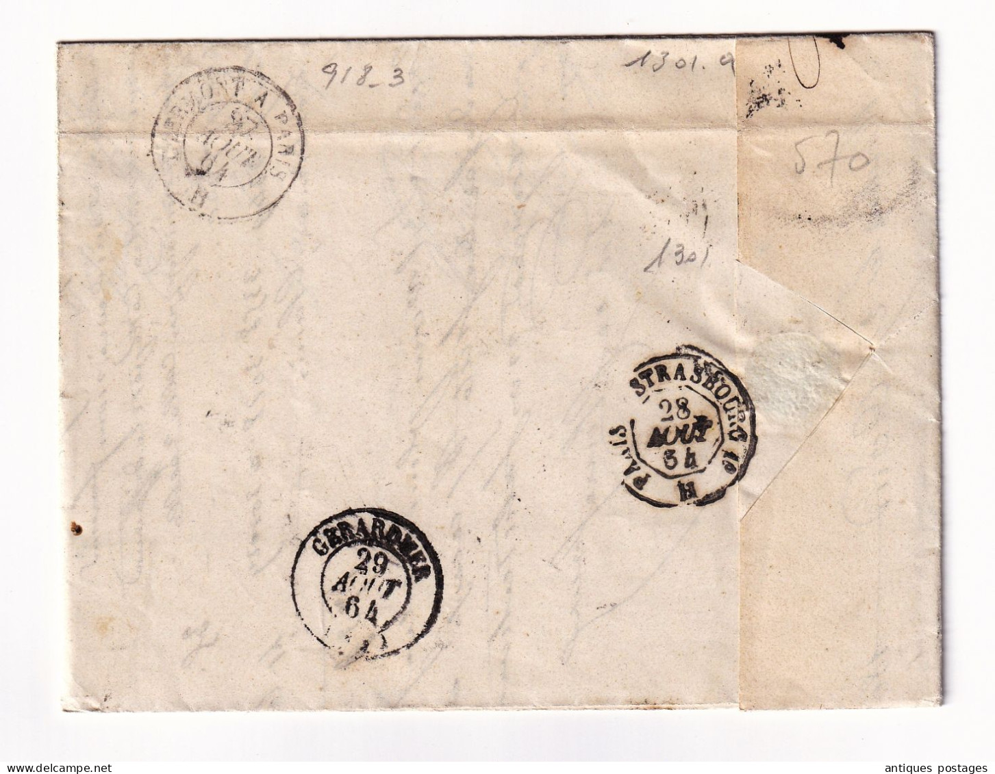 Lettre 1864 Moulins Allier Pic & Clairefond Gérardmer Vosges Timbre Napoléon III Lauré 20 Centimes - 1862 Napoleon III