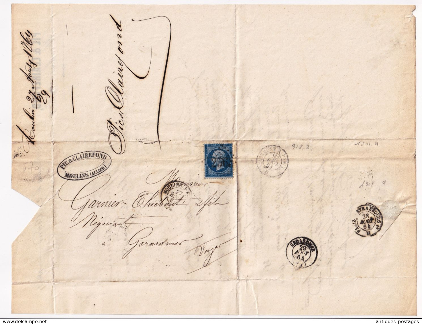 Lettre 1864 Moulins Allier Pic & Clairefond Gérardmer Vosges Timbre Napoléon III Lauré 20 Centimes - 1862 Napoleone III