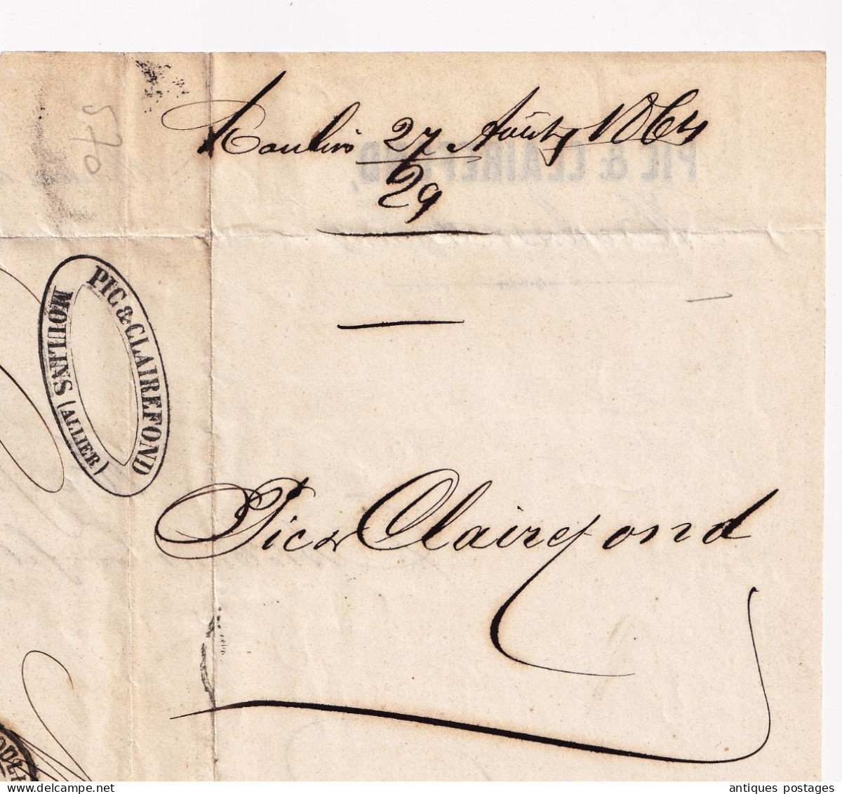 Lettre 1864 Moulins Allier Pic & Clairefond Gérardmer Vosges Timbre Napoléon III Lauré 20 Centimes - 1862 Napoléon III