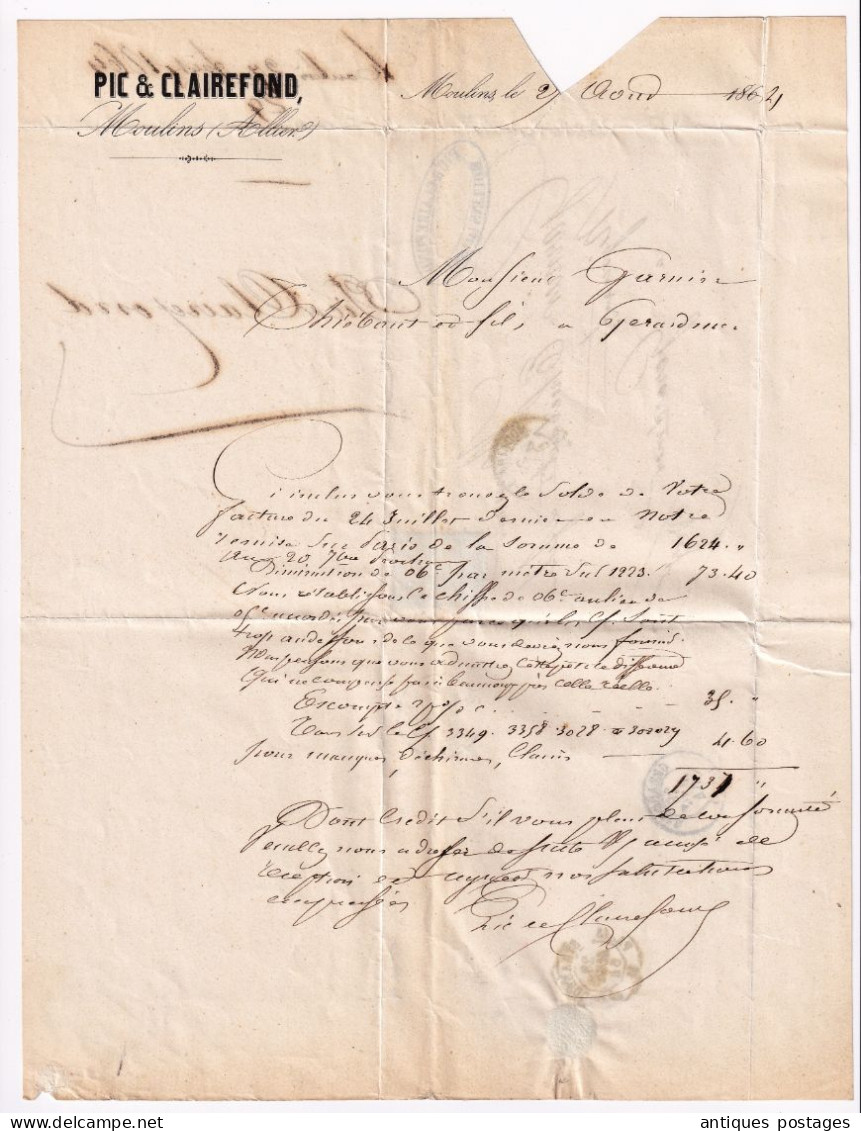 Lettre 1864 Moulins Allier Pic & Clairefond Gérardmer Vosges Timbre Napoléon III Lauré 20 Centimes