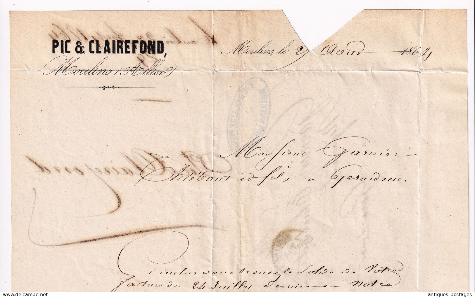 Lettre 1864 Moulins Allier Pic & Clairefond Gérardmer Vosges Timbre Napoléon III Lauré 20 Centimes