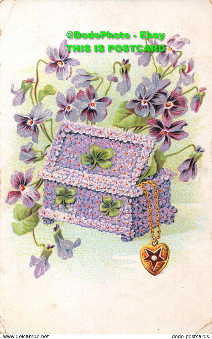 R419924 Greeting Card. Purple Flowers. Chest. Pendant. No. 502974 - World