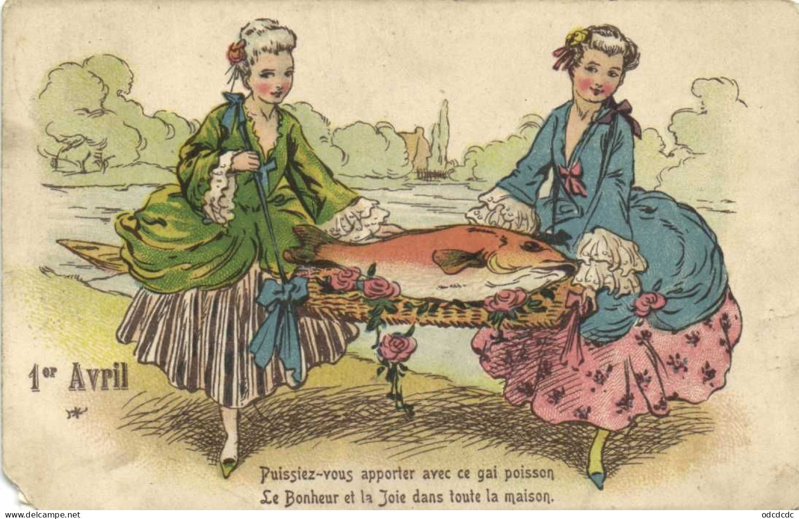 1er Avril Illustrateur Deux Jeunes Femmes Apportant Un Poisson Puissiez Vous Apporter Avec Ce Gai Poisson Le Bonheur Et - 1° Aprile (pesce Di Aprile)