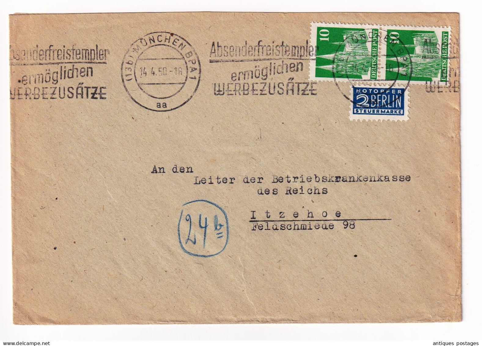 Lettre 1950 München Bayern Ursula Even Deutschland Itzehoe Absenderfreistempel Ermöglichen Werbezusätze - Lettres & Documents