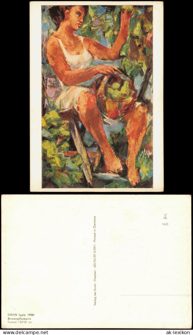 Künstlerkarte Gemälde DÄHN (geb. 1908) Birnenpflückerin 1970 - Paintings