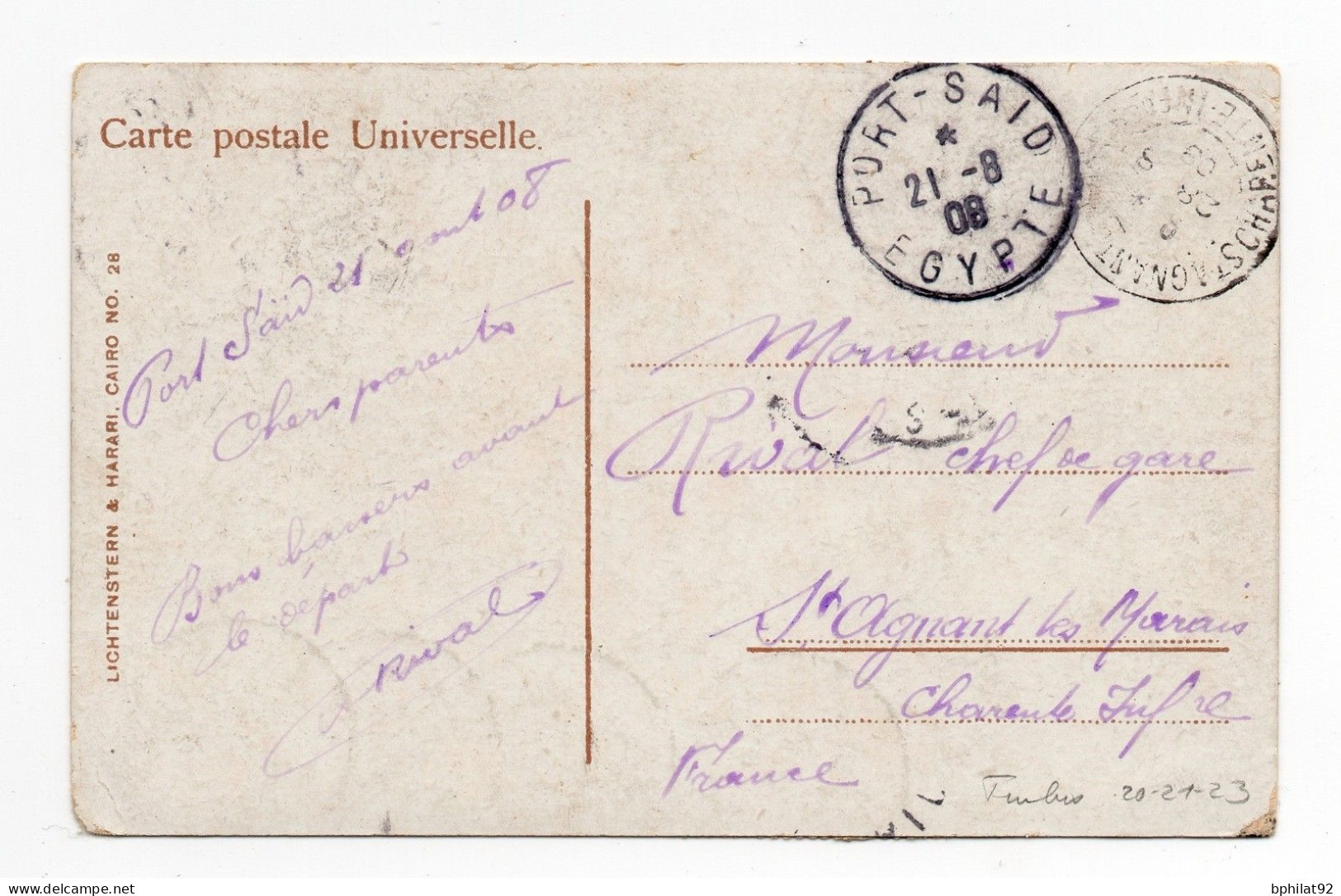 !!! PORT SAID, TYPES BLANC SUR CPA DE 1908 POUR LA FRANCE - Briefe U. Dokumente