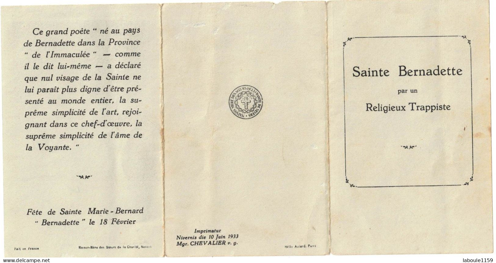 TRIPTYQUE EXTRAITS LITANIES FRANCIS JAMMES BERNADETTE PAR UN RELIGIEUX TRAPPISTE IMAGE PIEUSE CHROMO HOLY CARD SANTINI - Images Religieuses