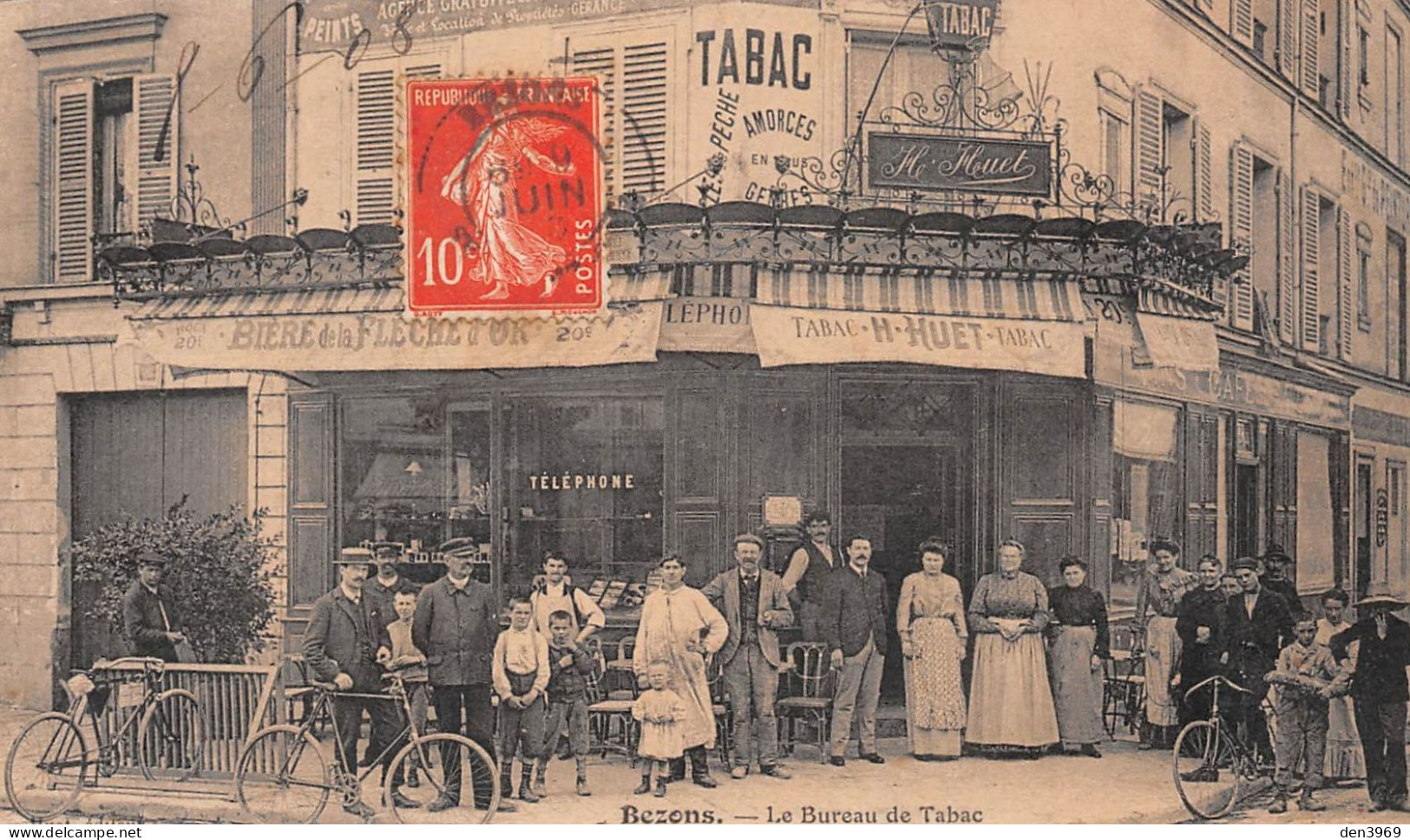 BEZONS (Val-d'Oise) - Le Bureau De Tabac H. Huet - Voyagé 1908 (2 Scans) Louis Vulpillat à Perrigny Jura - Bezons