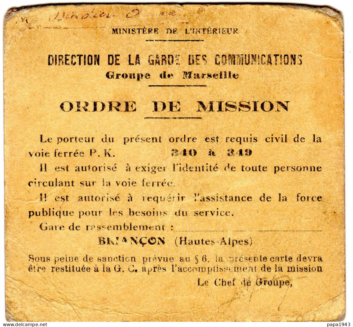 ORDRE DE MISSION  Gare De BRIANCON  " Direction De La Garde Des Communications Surveillance Des Voies Férrées " - Documents Historiques