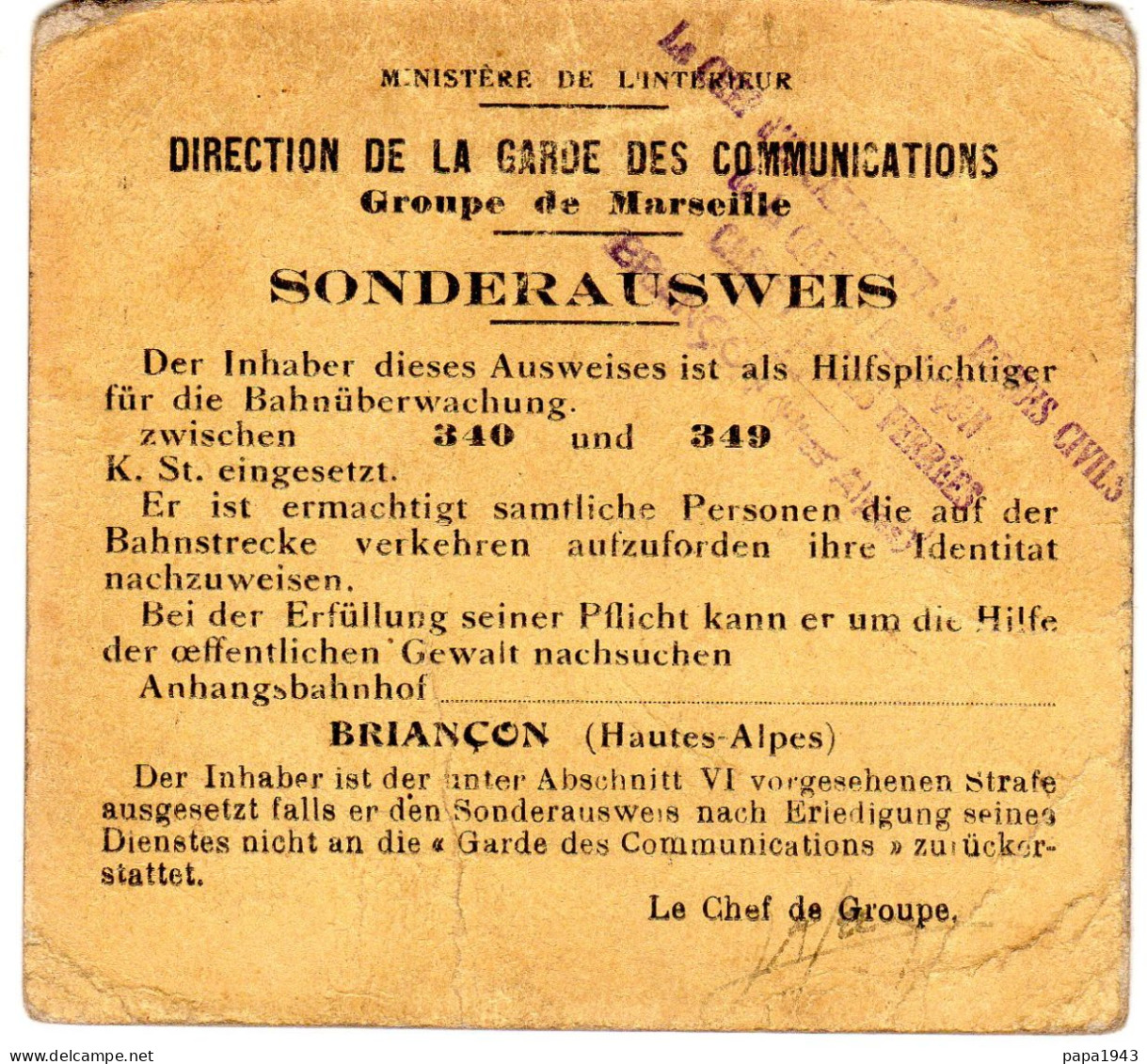 ORDRE DE MISSION  Gare De BRIANCON  " Direction De La Garde Des Communications Surveillance Des Voies Férrées " - Documents Historiques