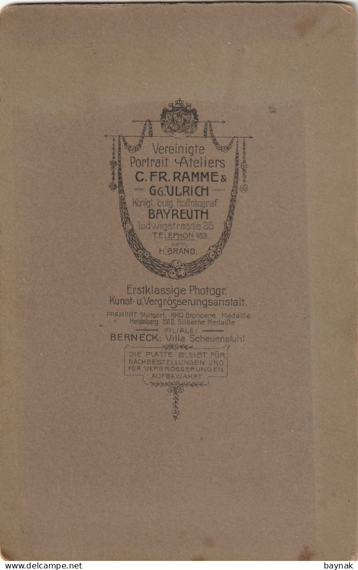 DEUTSCHLAND   --  BAYREUTH  -  CABINET  PHOTO,  CDV  --  LADY   -   PHOTOGRAPH: RAMME & ULRICH  --   16,5  X 10,5 - Alte (vor 1900)