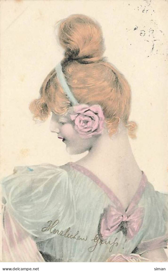 N°23916 - Fantaisie - Jeune Femme De Dos, Coiffé D'un Chignon Et D'une Rose - Frauen