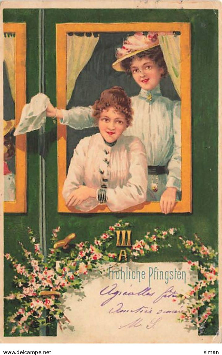 N°23925 - Fröhliche Pfingsten - Deux Jeunes Femmes Dans Un Wagon, L'une Disant Au-revoir Avec Un Mouchoir - Pinksteren