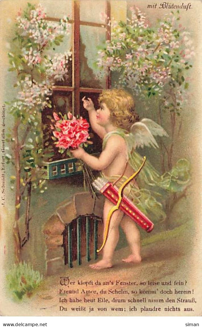 N°23939 - Mit Blütenduft - Cupidon Frappant à Une Fenêtre Pour Offrir Un Bouquet De Roses - Sonstige & Ohne Zuordnung