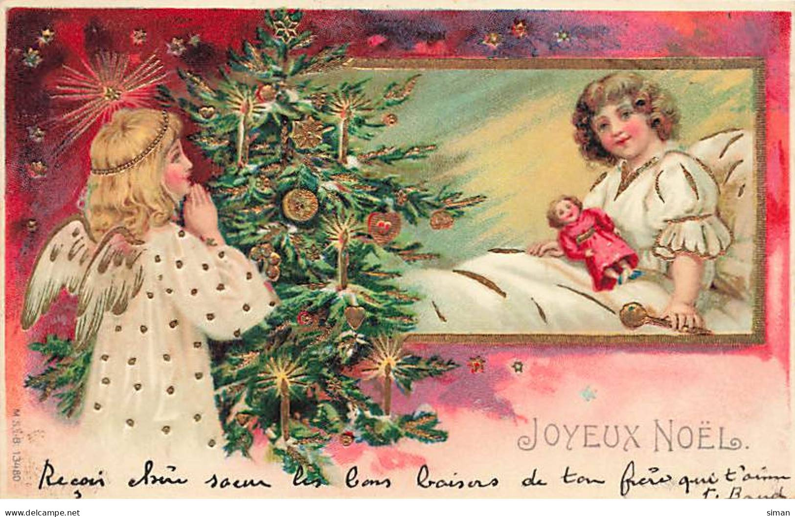 N°23930 - Carte Gaufrée - Joyeux Noël - Ange Priant En Regardant Une Fillette Dans Son Lit Avec Sa Poupée - Altri & Non Classificati