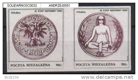 POLAND SOLIDARNOSC SOLIDARITY 1989 3RD STAGE OF REFORM IN POLAND SETENANT PAIR (SOLID 0032/0551) POCZTA NIEZALEZNA NUDE - Vignettes De Fantaisie