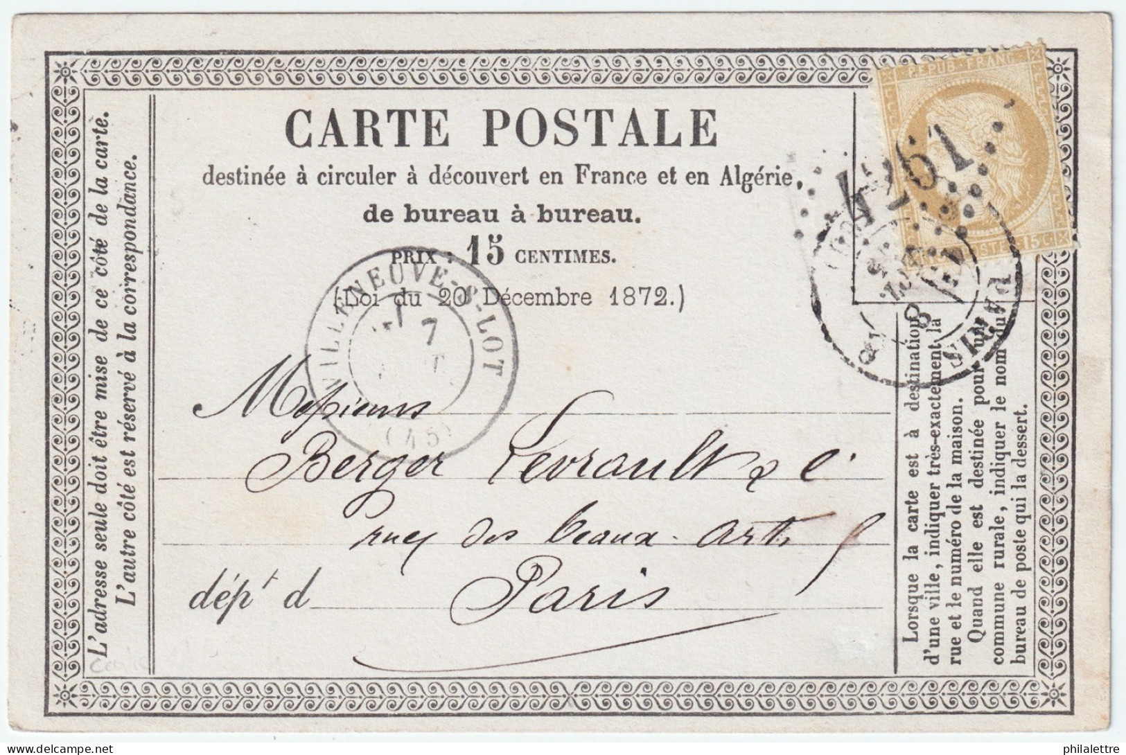 FRANCE - 1874 (7/7) Cérès 15c Obl. GC 4261 Sur CP Précurseur De VILLENEUVE-SUR-LOT (Lot-&-Garonne) à Paris - 1849-1876: Classic Period