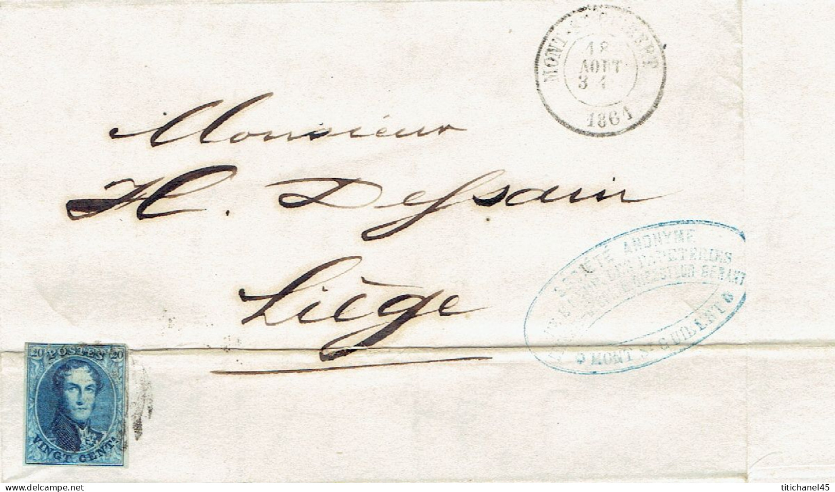 N°11 Margé S/LAC Obl.MONT ST-GUIBERT(01.1861)cachet Pr/entête UNION PAPETERIES DEMEURS-DECORTE LA HULPE CHAUMONT-LIMAL - 1858-1862 Medallions (9/12)