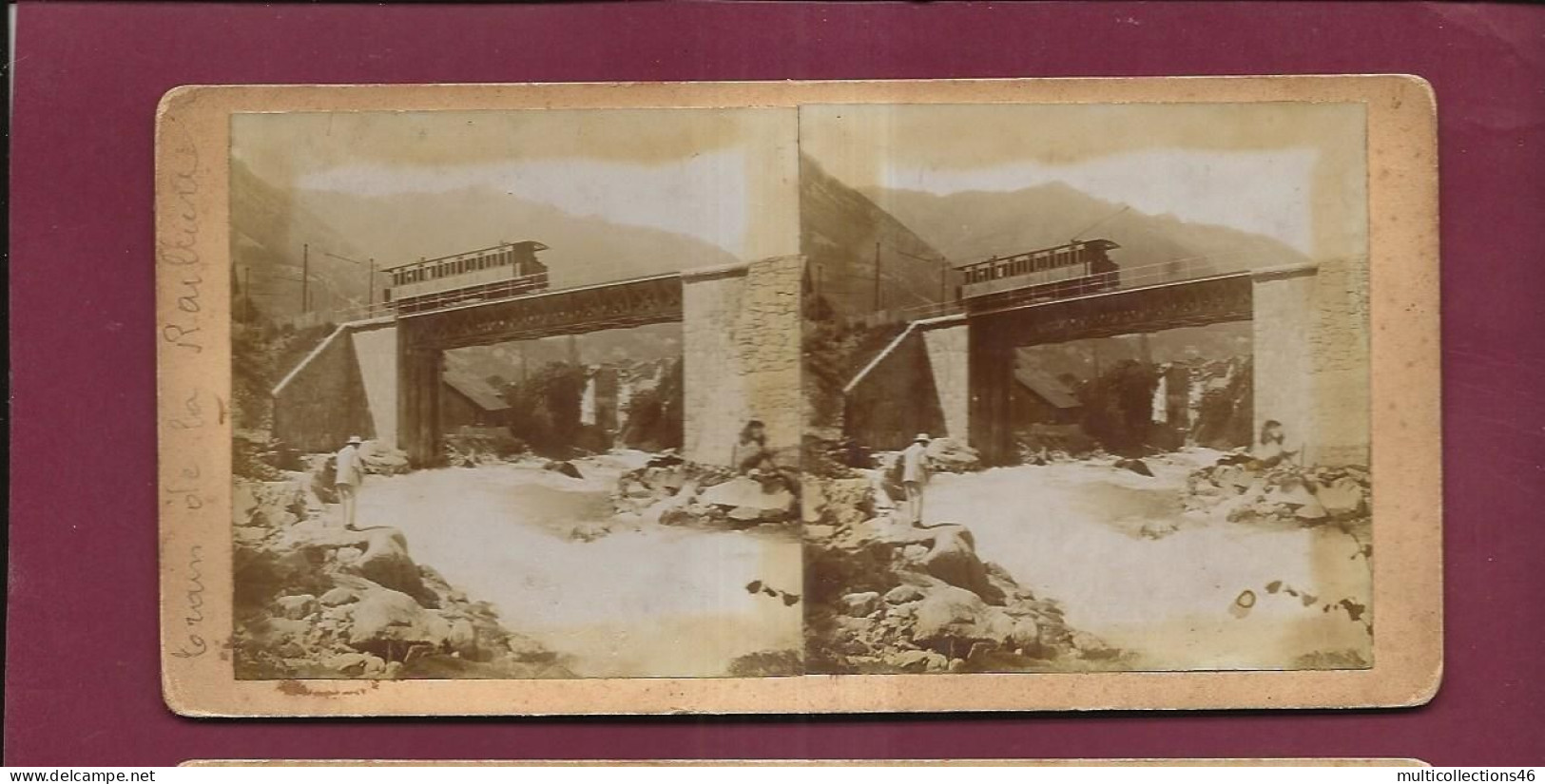 130524 - PHOTO STEREO PAPIER - Environs De Cauterets - Pont Chemin De Fer De La Raillère - Train Loco - Stereo-Photographie