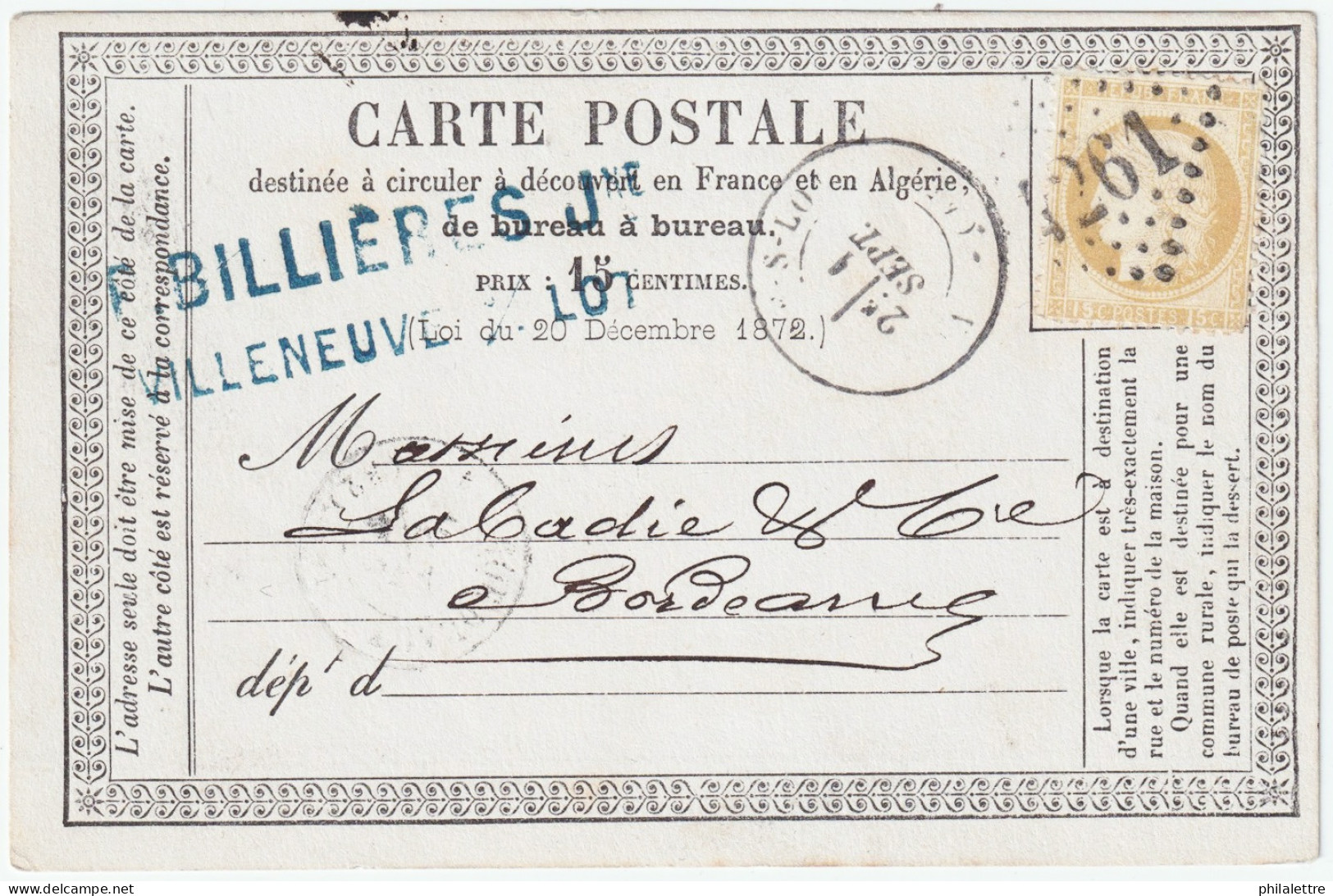 FRANCE - 1874 (1/9) Cérès 15c Obl. GC 4261 Sur CP Précurseur De VILLENEUVE-SUR-LOT (Lot-&-Garonne) à Bordeaux - 1849-1876: Classic Period