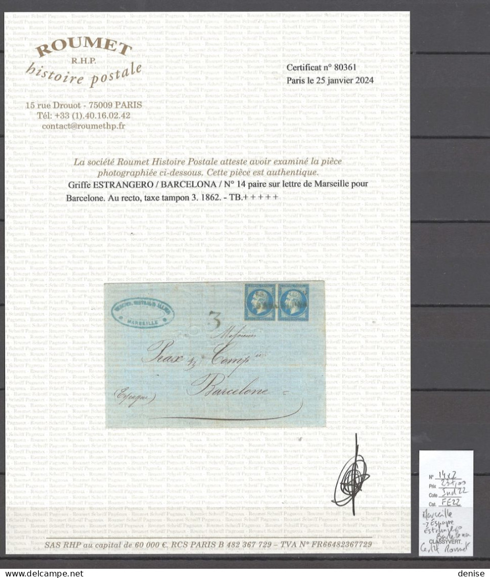 France - Lettre Marseille Pour Espagne - Barcelone - ESTRANGERO BARCELONA - 1862 - Maritieme Post