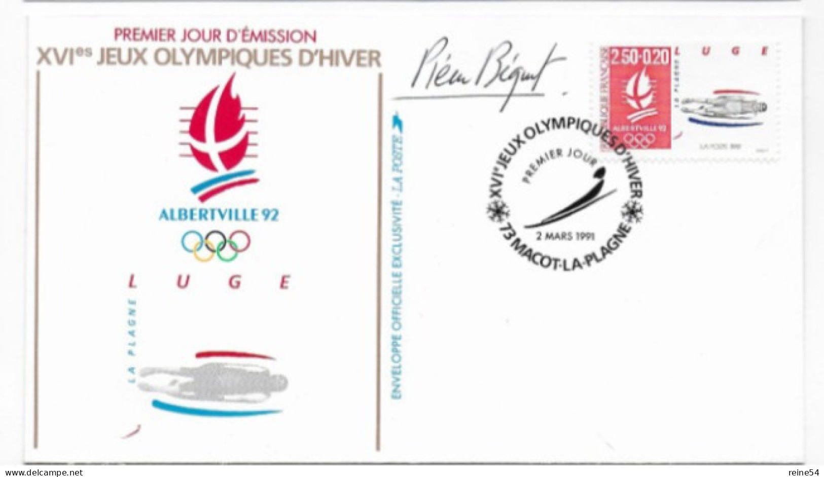 Enveloppe Premier Jour- XVIe Jeux Olympiques D'hiver ALBERVILLE 92 Luge 2  Mars 1991 Macot La Plagne (73) N° YT 2679 - 1990-1999