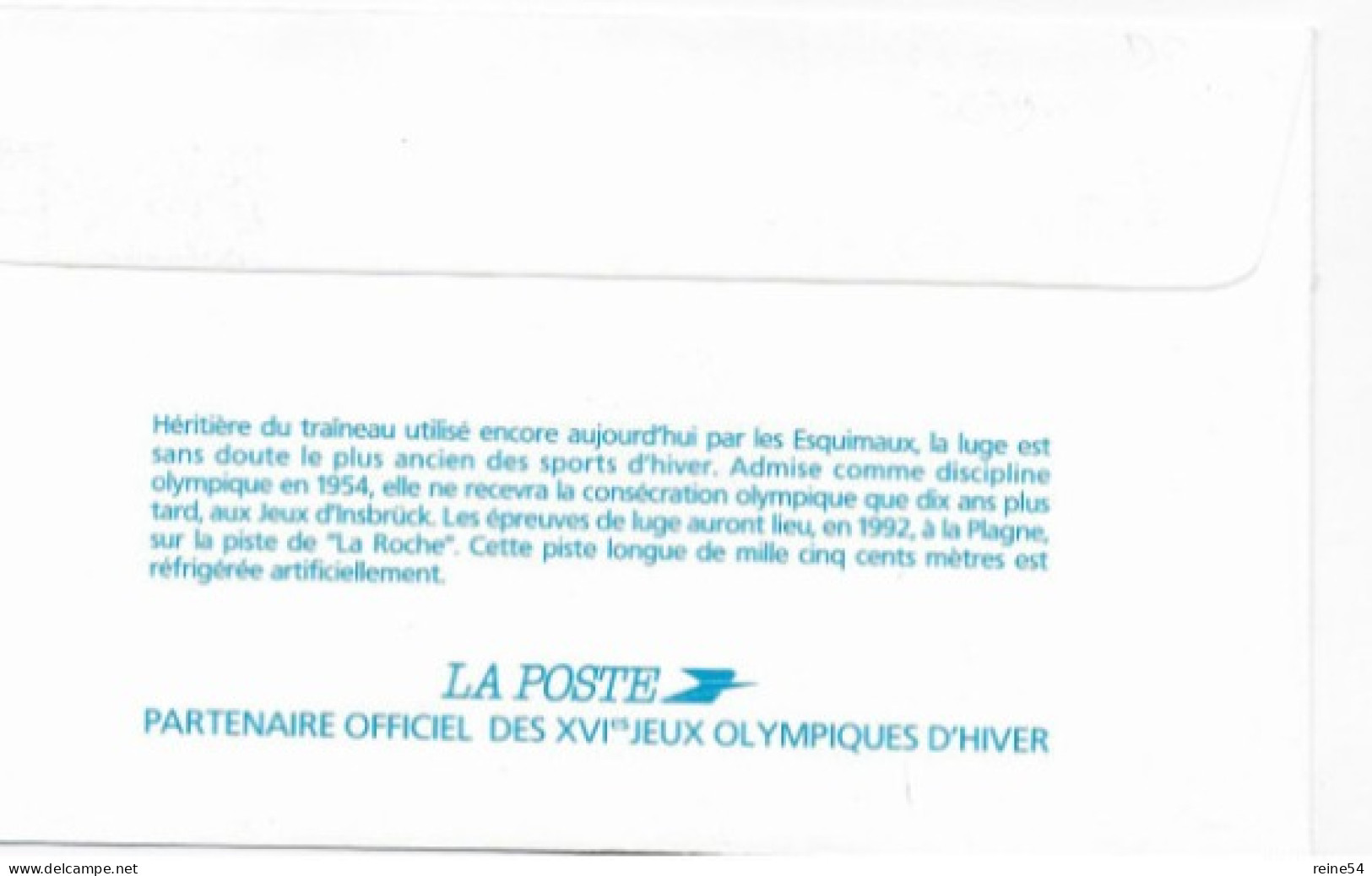 Enveloppe Premier Jour- XVIe Jeux Olympiques D'hiver ALBERVILLE 92 Luge 2  Mars 1991 Macot La Plagne (73) N° YT 2679 - 1990-1999