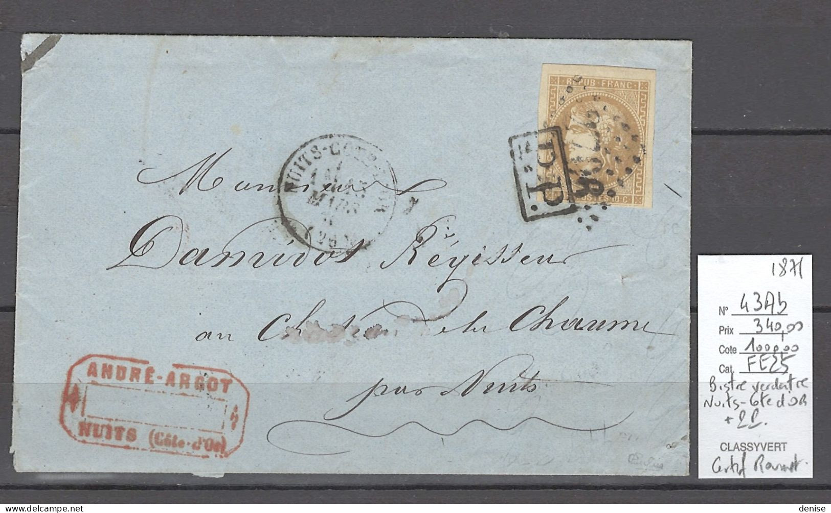 France - Lettre Nuits - Cote D'Or - 1871 - Yvert 43Ab - BISTRE VERDATRE - 1849-1876: Klassieke Periode