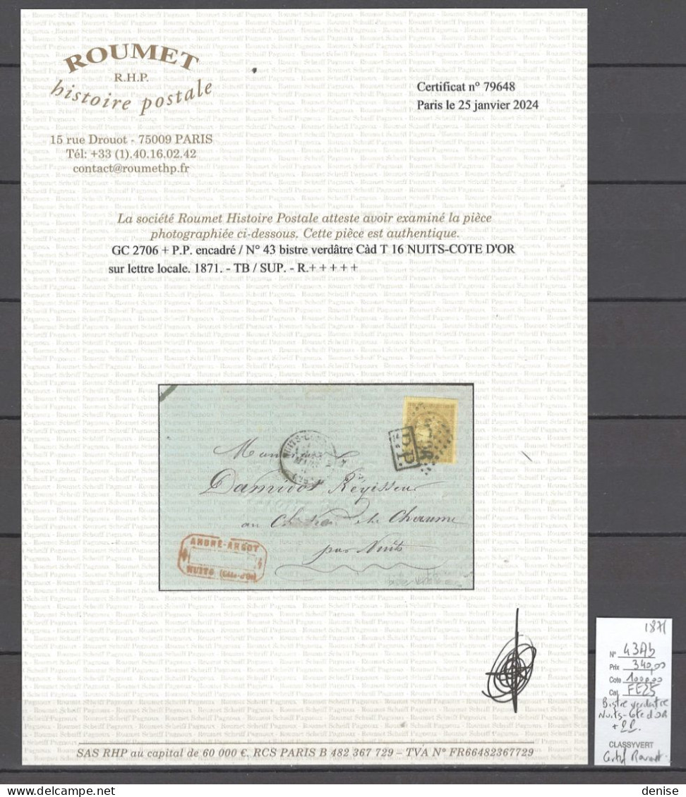 France - Lettre Nuits - Cote D'Or - 1871 - Yvert 43Ab - BISTRE VERDATRE - 1849-1876: Klassieke Periode