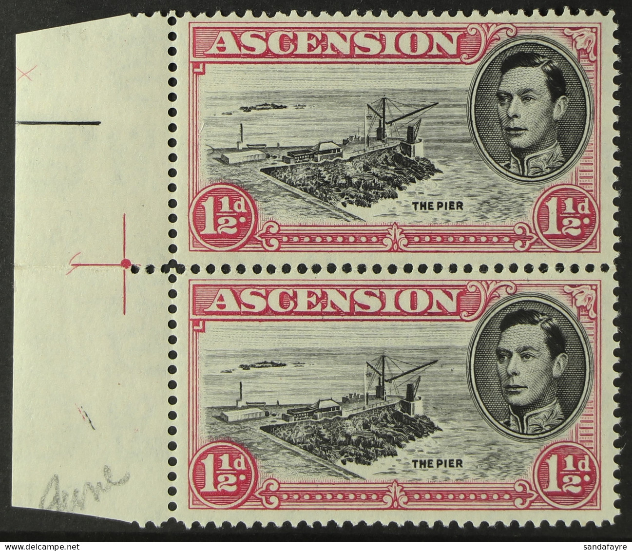 1949 1?d Black And Carmine Perf. 14, Left Marginal Vertical Pair, One With DAVIT FLAW, SG?40ea+e, Never Hinged Mint. Cat - Ascension