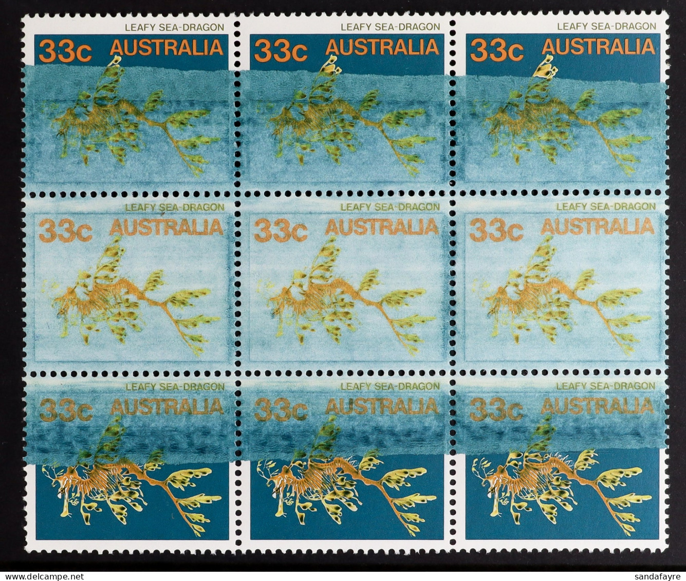 1984 33c Leafy Sea-dragon (SG 926), Block Of 9 With DRAMATIC MIS-PRINTING With The Deep Green Partially Missing, With Pr - Altri & Non Classificati