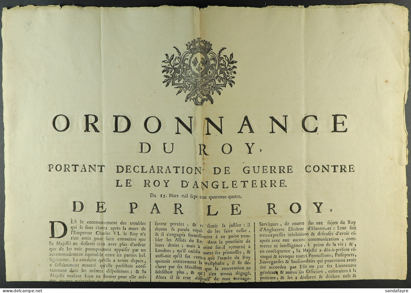 WAR OF THE AUSTRIAN SUCCESSION Rare Original French Declaration Of War Poster Of 7th April 1744 'ORDONNANCE DU ROY, PORT - Autres & Non Classés