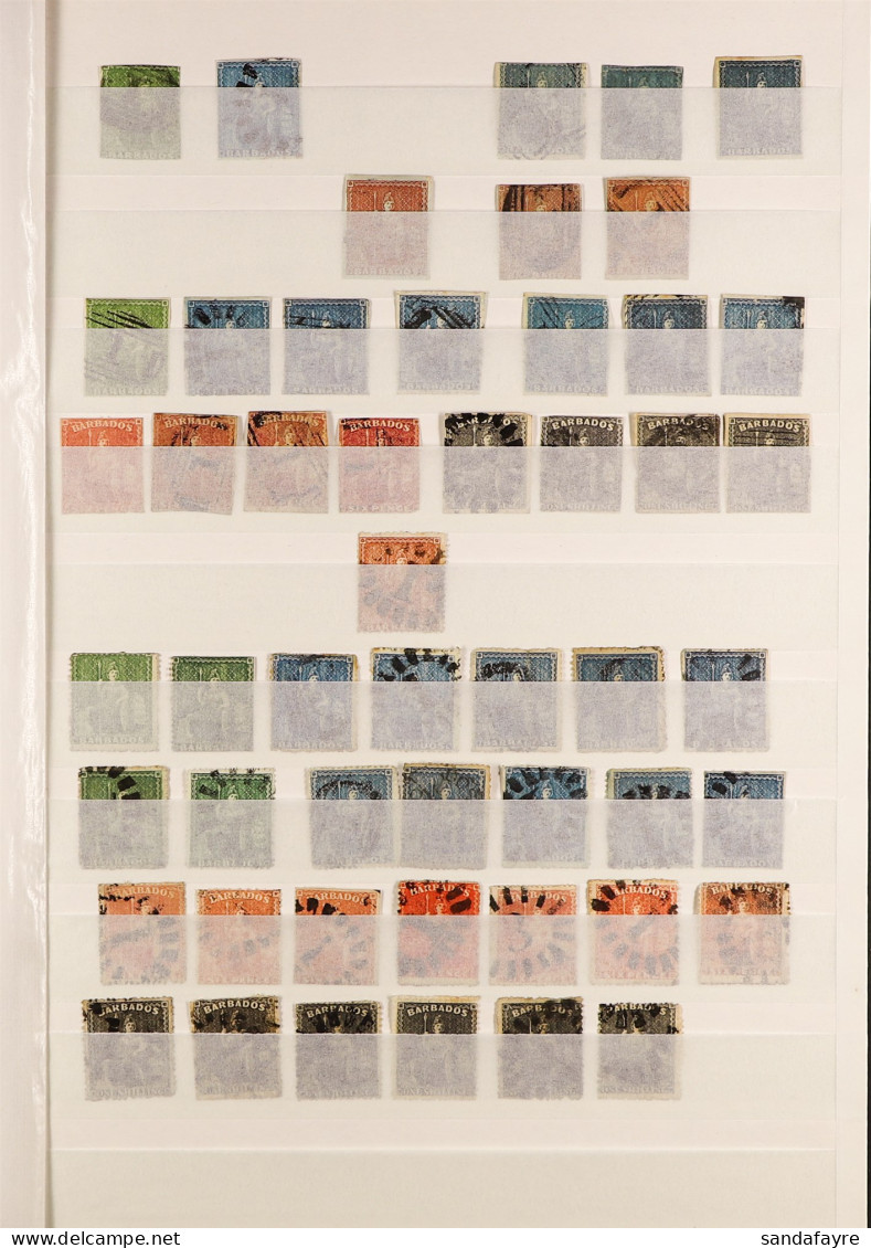1852 - 1898 COLLECTION Of 300+ Used Stamps On Pages From A Stock Book, Note Around 150 'Britannias' Incl Imperfs, Values - Barbades (...-1966)