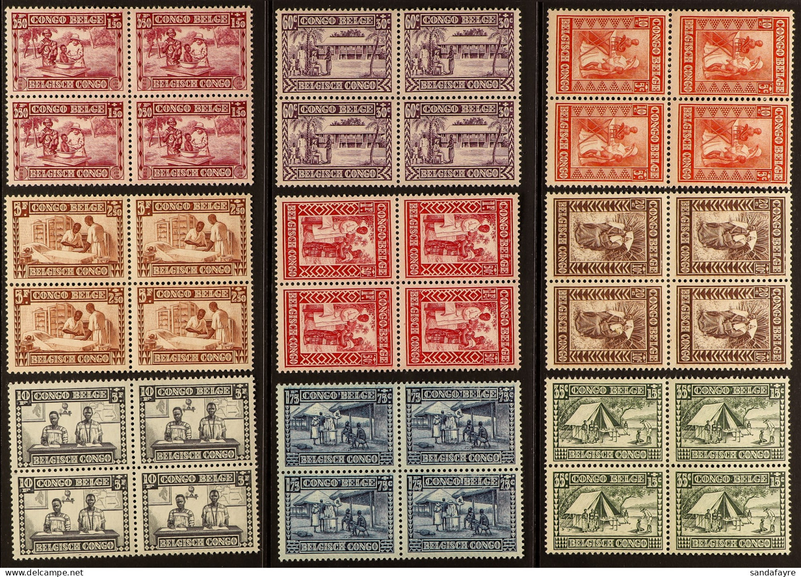 BELGIAN CONGO 1930 Natives Protection Fund Set, COB 150/158 (SG 160/168), Never Hinged Mint Blocks Four. Cat. ??720. - Otros & Sin Clasificación