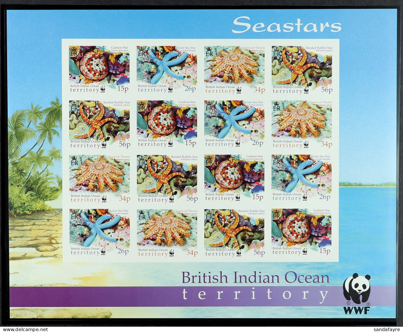 2001 Endangered Species - Seastars Set Of 16 IMPERF PROOF SHEETLET (as SG 253/56), From The BD.T. Printers Archive. - Territorio Britannico Dell'Oceano Indiano