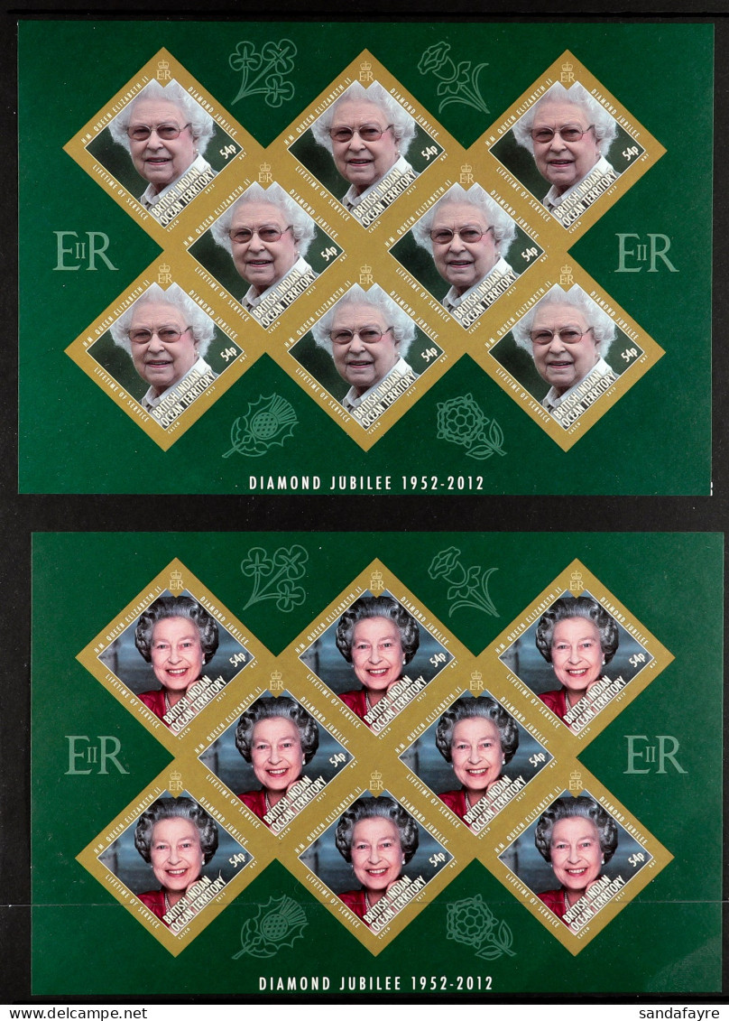 2012 QEII Diamond Jubilee Set, Each Value As The Full Sheetlet Of 8 (SG 473/478) IMPERFORATE PROOFS From The B.D.T. Prin - Territoire Britannique De L'Océan Indien