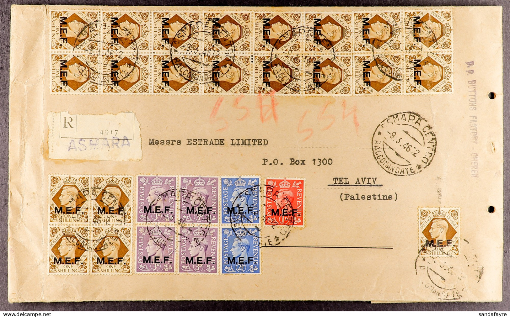 M.E.F. 1946 (9 Mar) Cover / Samples Bag Registered From Asmara To Tel Aviv Bearing Twenty-eight M.E.F. 1943-47 Overprint - Italienisch Ost-Afrika