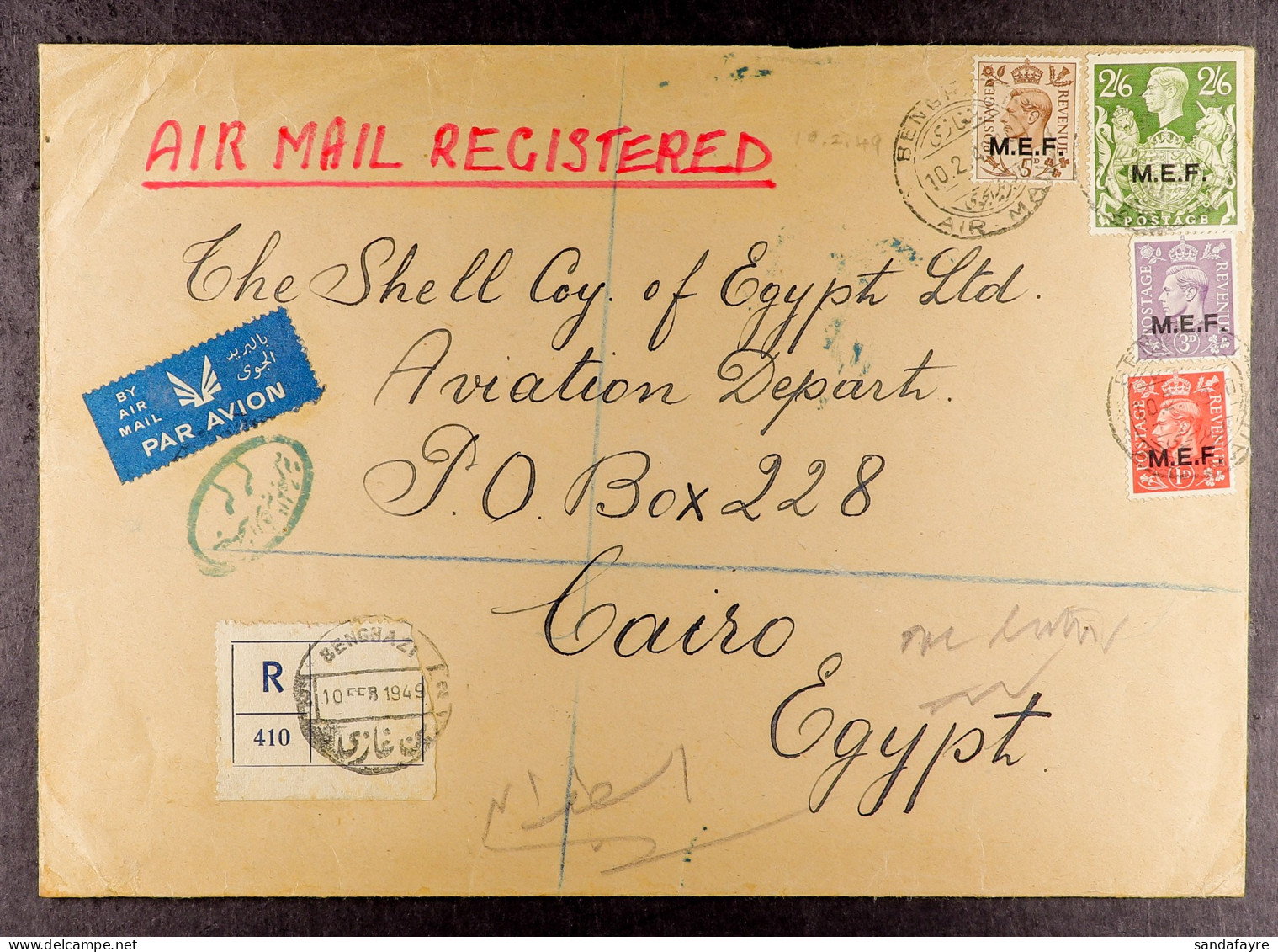 M.E.F. 1949 (10 Feb) Large Env Endorsed 'AIR MAIL REGISTERED' To Cairo (The Shell Co. Of Egypt Ltd, Aviation Dept.) Bear - Africa Orientale Italiana